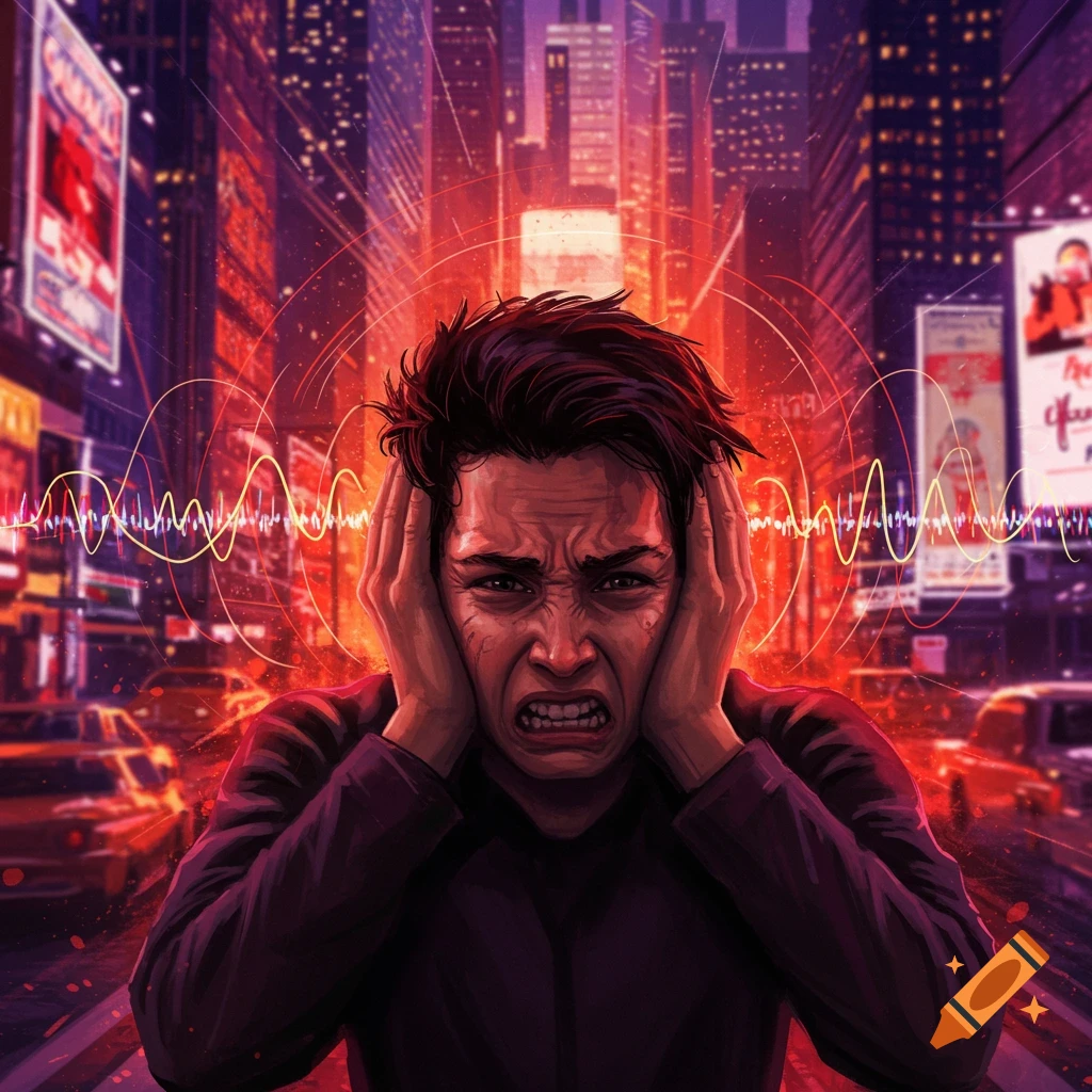 Digital art of a distressed man covering his ears in a vibrant, noisy, neon-lit city with glowing sound waves.