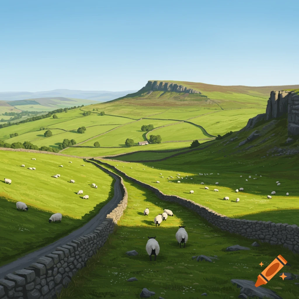 Scenic green valley in Peak District with dry stone walls, winding path, grazing sheep, and distant hills under a clear sky, stylized art.