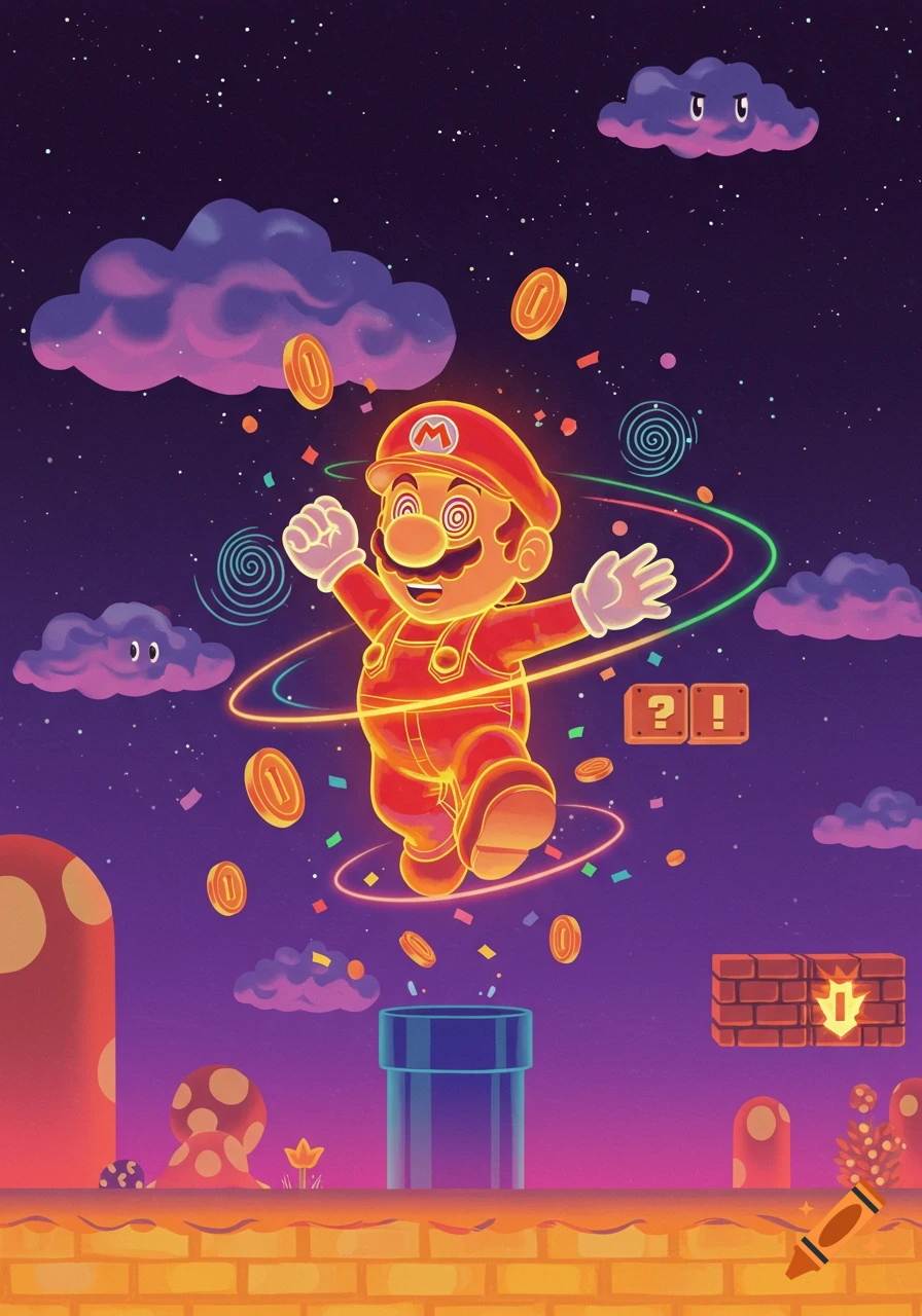 Dizzy Super Mario jumps in a vibrant, neon-colored world with coins, blocks, pipes, and starry sky background.