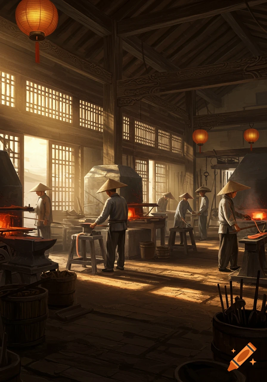 An illustration of several men in conical hats working in a sunlit wooden blacksmith shop with forges and lanterns.