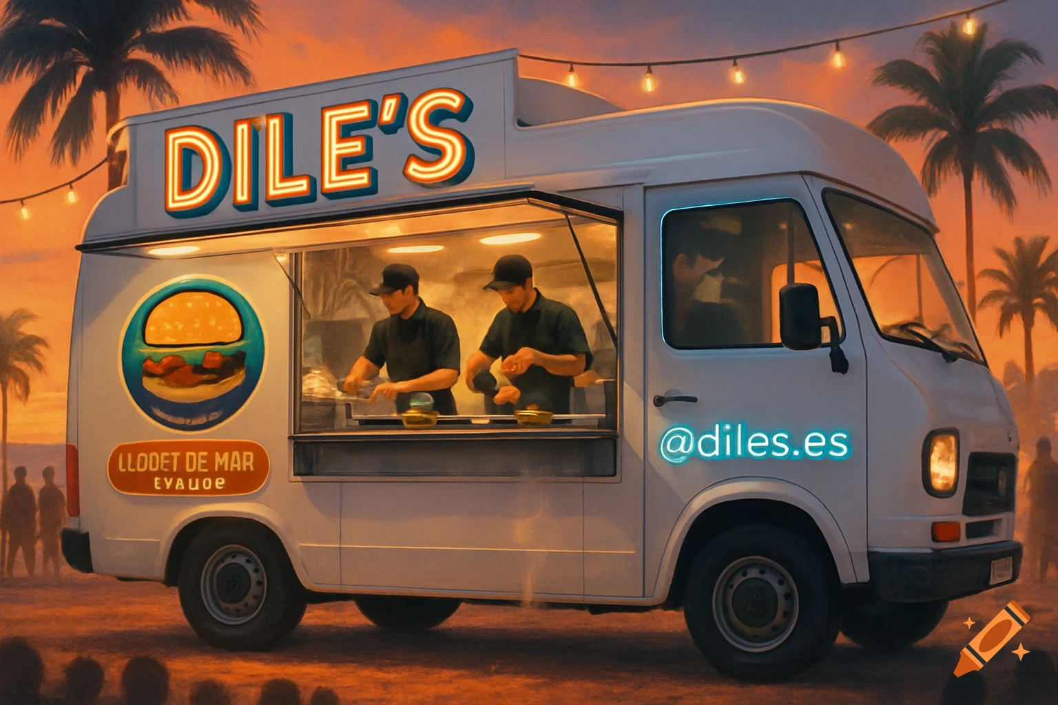 A white food truck with a glowing "DILE'S" sign and a burger logo, parked at sunset with palm trees in the background. Two chefs work inside, preparing food. The truck also has "@diles.es" and "LLODET DE MAR EVAUOE" text.