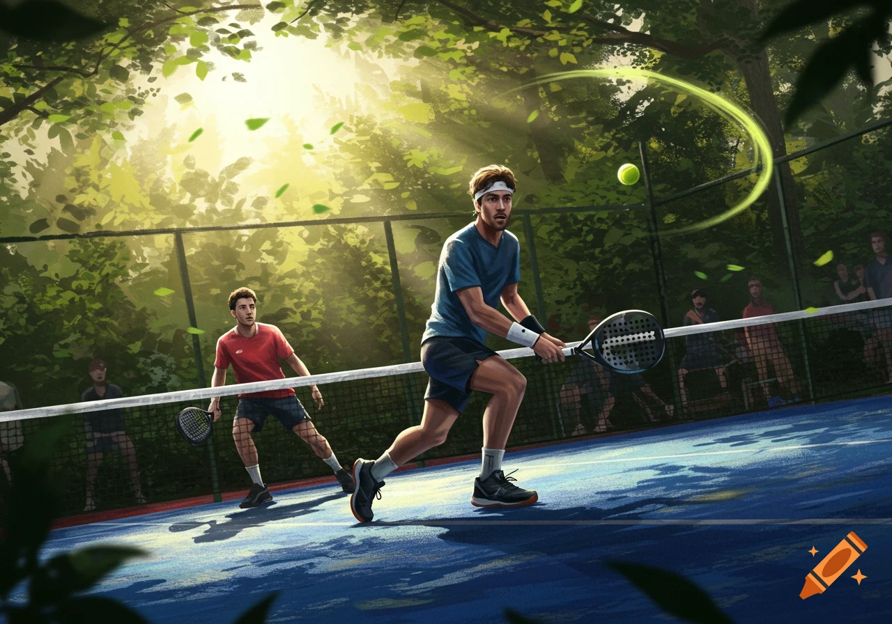 Two men play padel tennis on a blue court surrounded by green trees in a dynamic digital illustration.