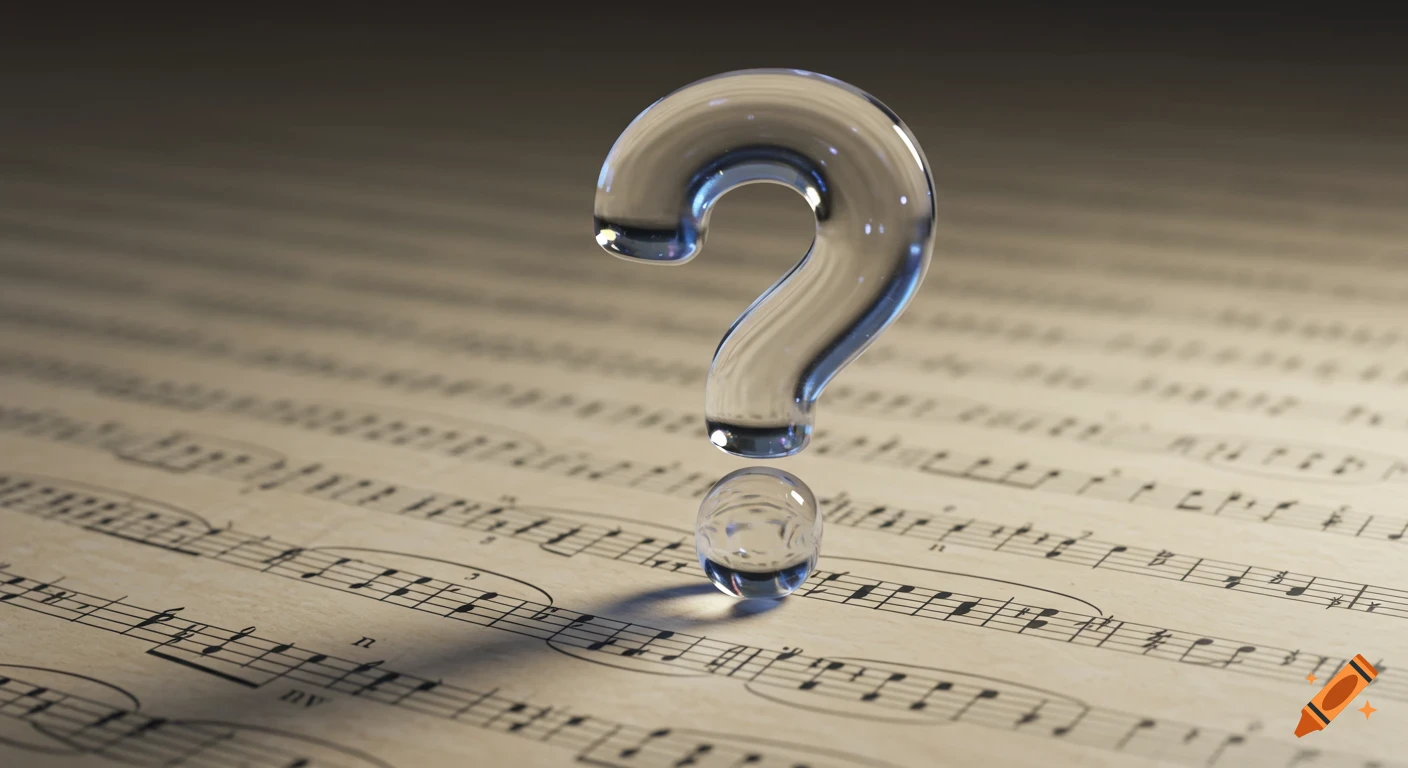 A clear glass question mark stands upright on a textured sheet of musical notation.