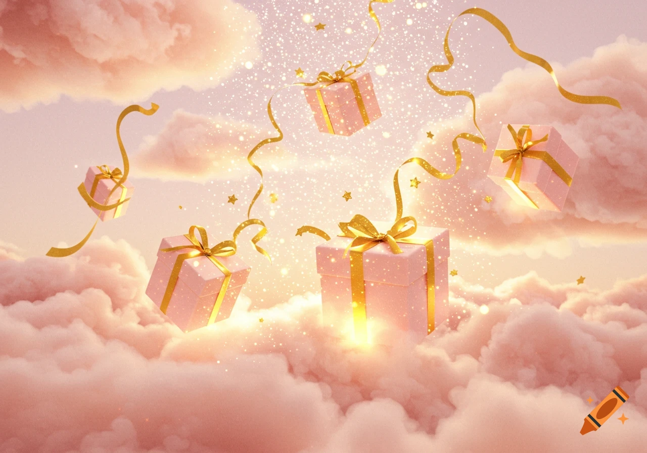 Pink gift boxes with gold ribbons float among fluffy pink clouds, surrounded by sparkling gold glitter and stars.