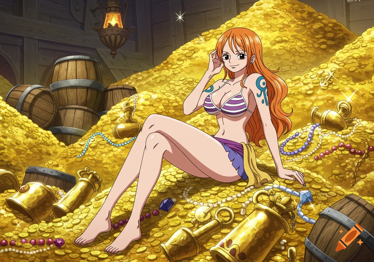 Nami from One Piece in a bikini, sitting on a huge pile of sparkling gold treasure in a pirate's hoard. Anime style.