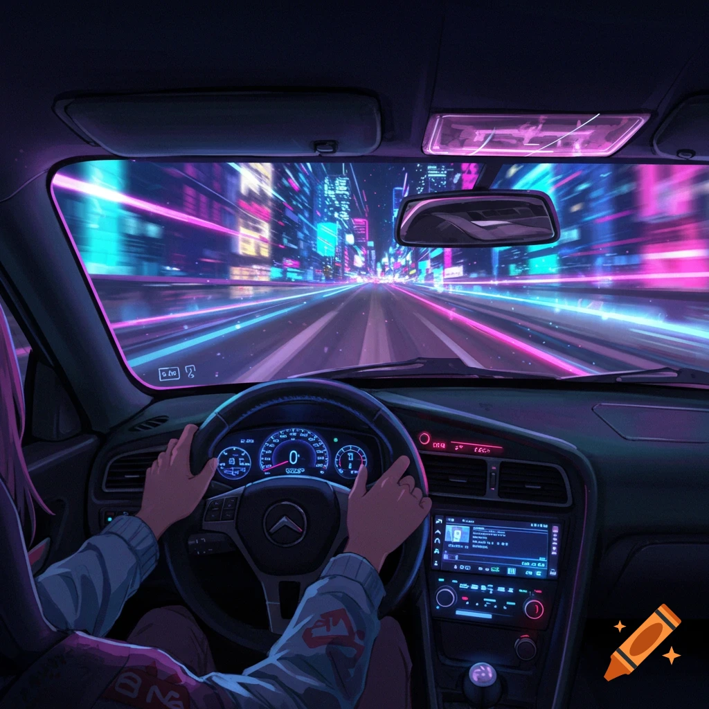 An anime-style view from inside a car, showing a driver's hands on the wheel, looking out at a blurry, neon-lit cyberpunk city street at night.