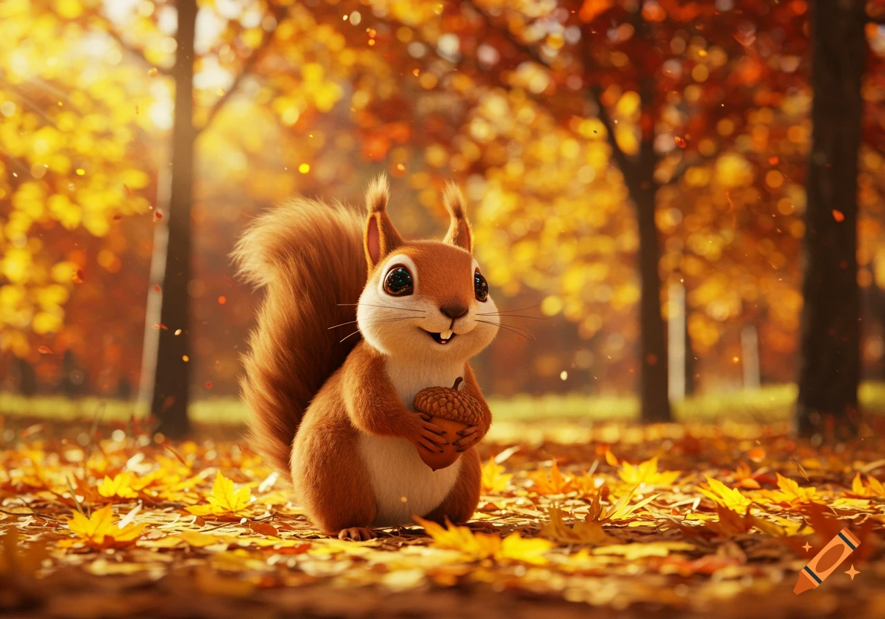 A cute 3D rendered squirrel sits among fallen yellow leaves in a sunny autumn forest, holding an acorn.