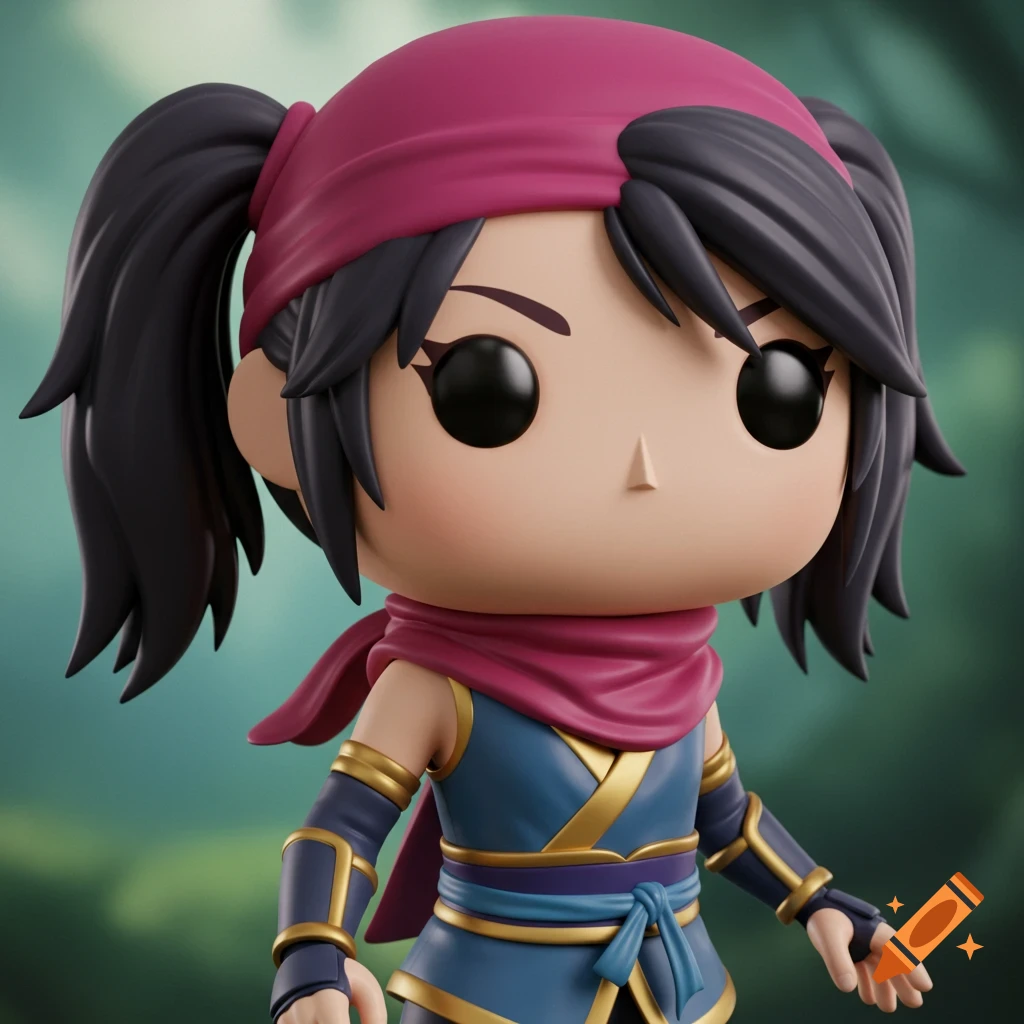 Funko Pop figure of Sheena Fujibayashi with black pigtails, pink bandana, and blue, gold, and pink outfit.