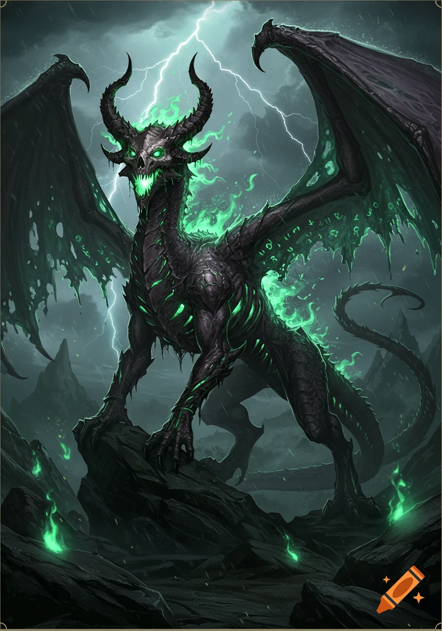 A menacing horned black dragon with glowing green eyes and energy stands in a stormy, lightning-filled landscape.