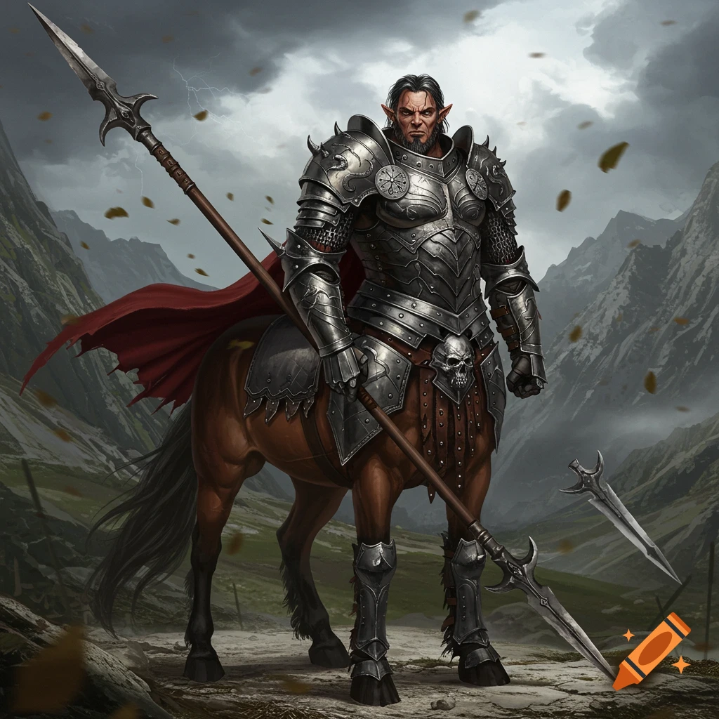 A stern centaur warrior in intricate heavy armor holds a long spear in a rocky mountain landscape.
