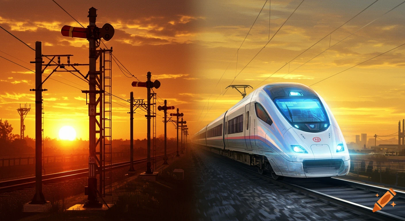 A white futuristic train on tracks, speeding past 1980s-style railway signals under a dramatic orange sunset.