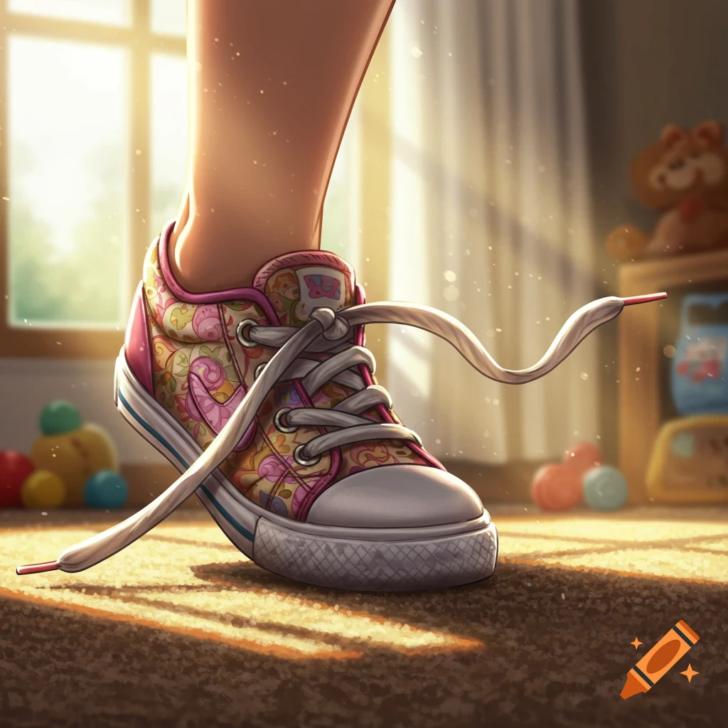 A child's foot in a colorful patterned sneaker with untied laces, depicted in a warm, illustrative style.