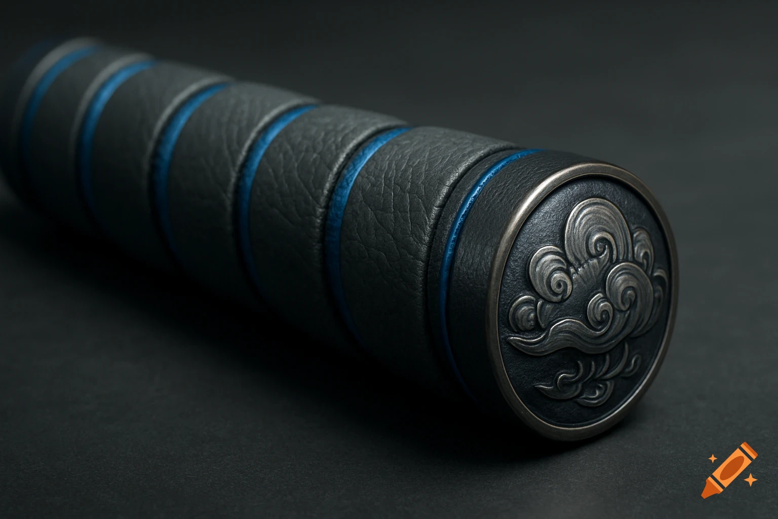 Close-up of a dark gray leather handle with blue accents and an engraved silver end cap featuring a storm cloud motif.