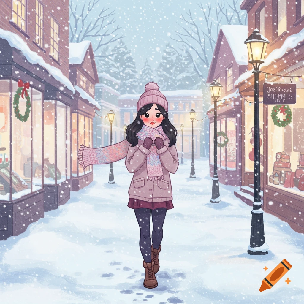 A young woman in a pink hat, scarf, and winter coat walks down a snowy street lined with shops. Cartoon style.