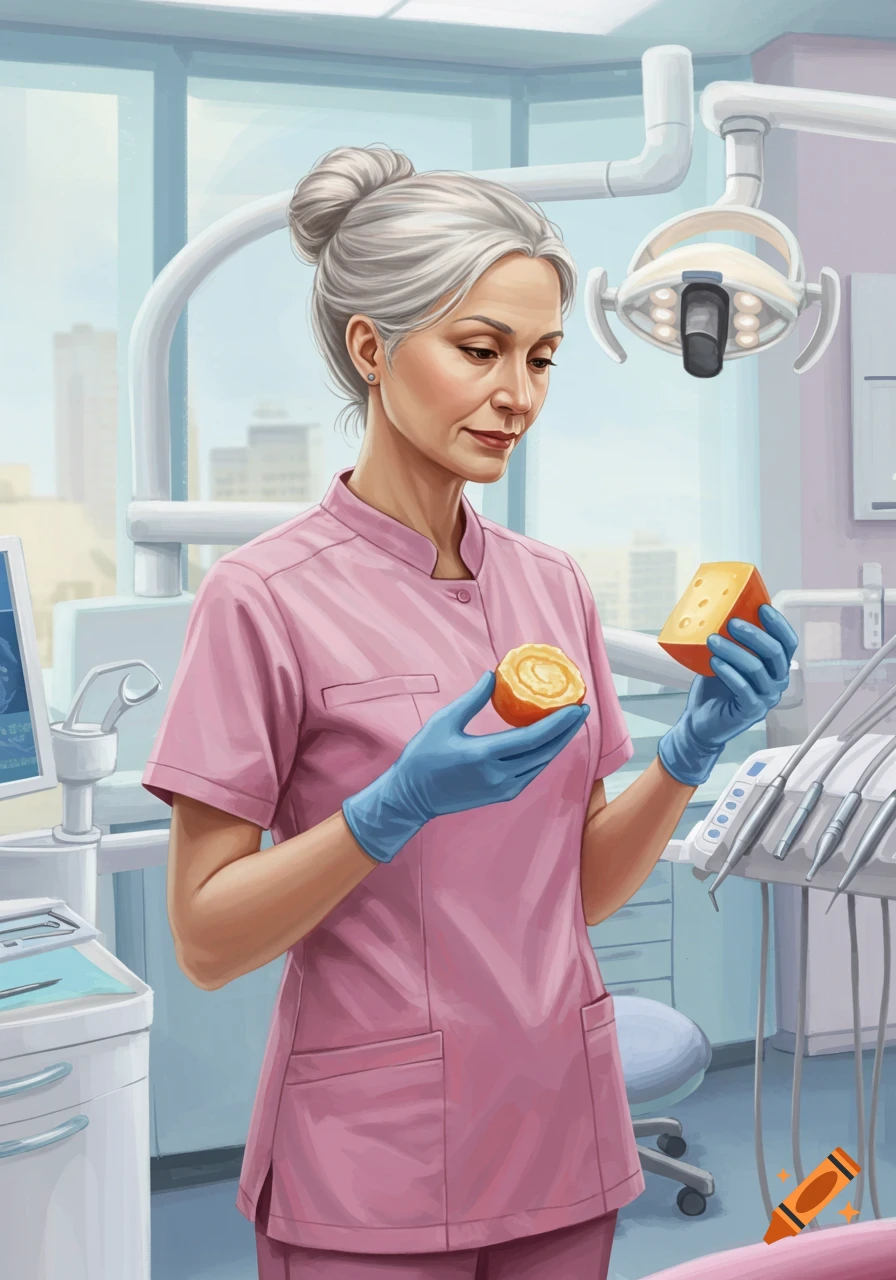 An illustration of a mature dentist in a pink uniform, holding a block of Gouda cheese and a cut half in a dental office.