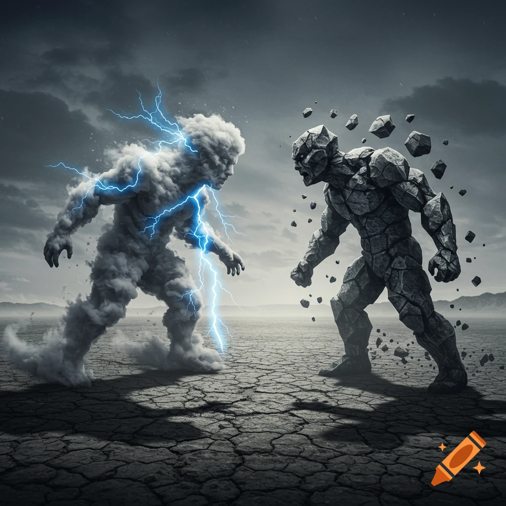 A stormy cloud elemental with lightning confronts a crumbling rock elemental on cracked, barren ground under a dark sky.