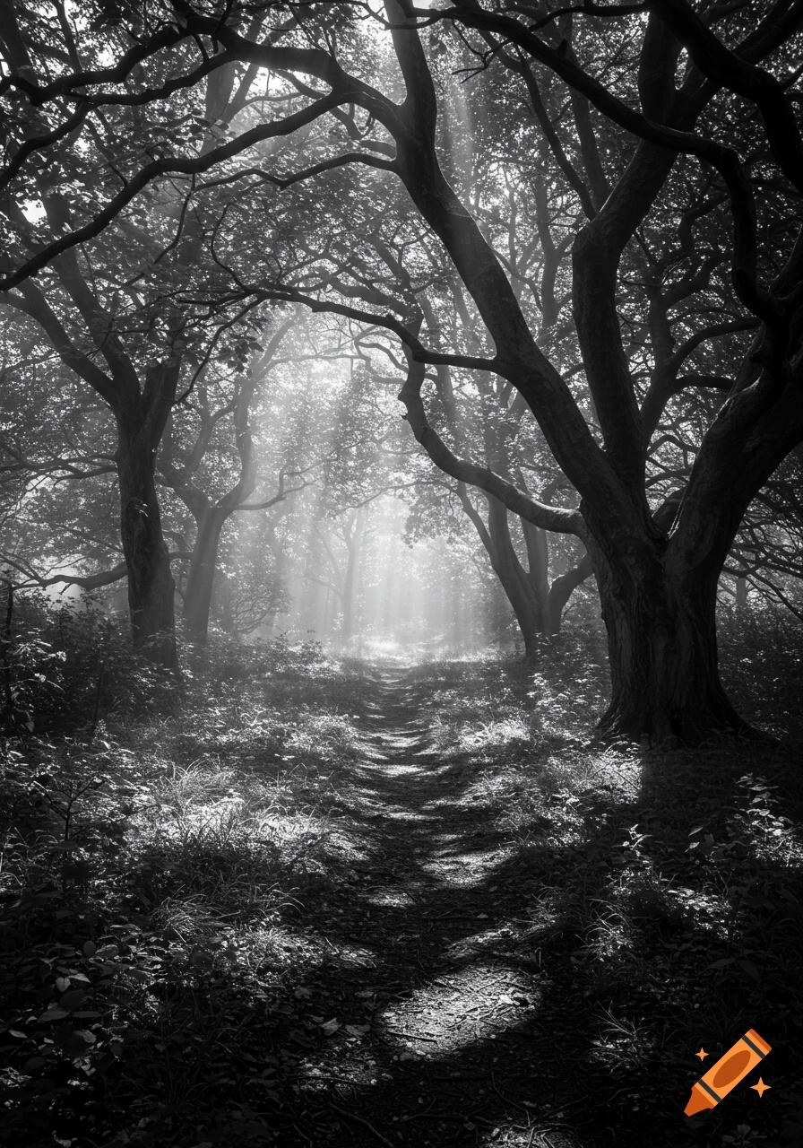 Monochrome photo of a sunlit path winding through a dense, misty forest with tall trees.