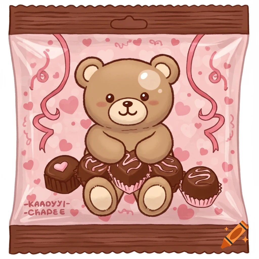 A cute kawaii cartoon candy package with a teddy bear holding chocolates, adorned with pink hearts and ribbons.