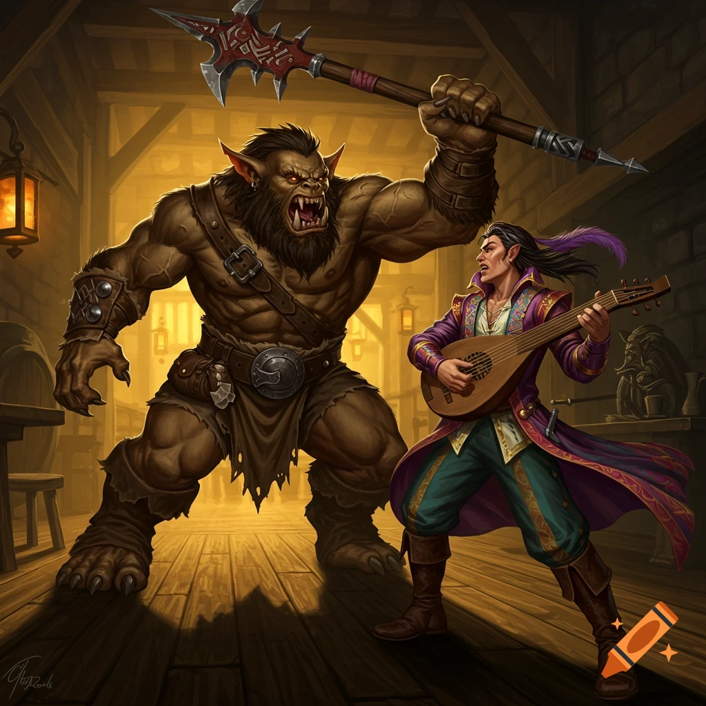 A hulking bugbear raises a javelin to attack a bard playing a lute in a dimly lit tavern, fantasy art.