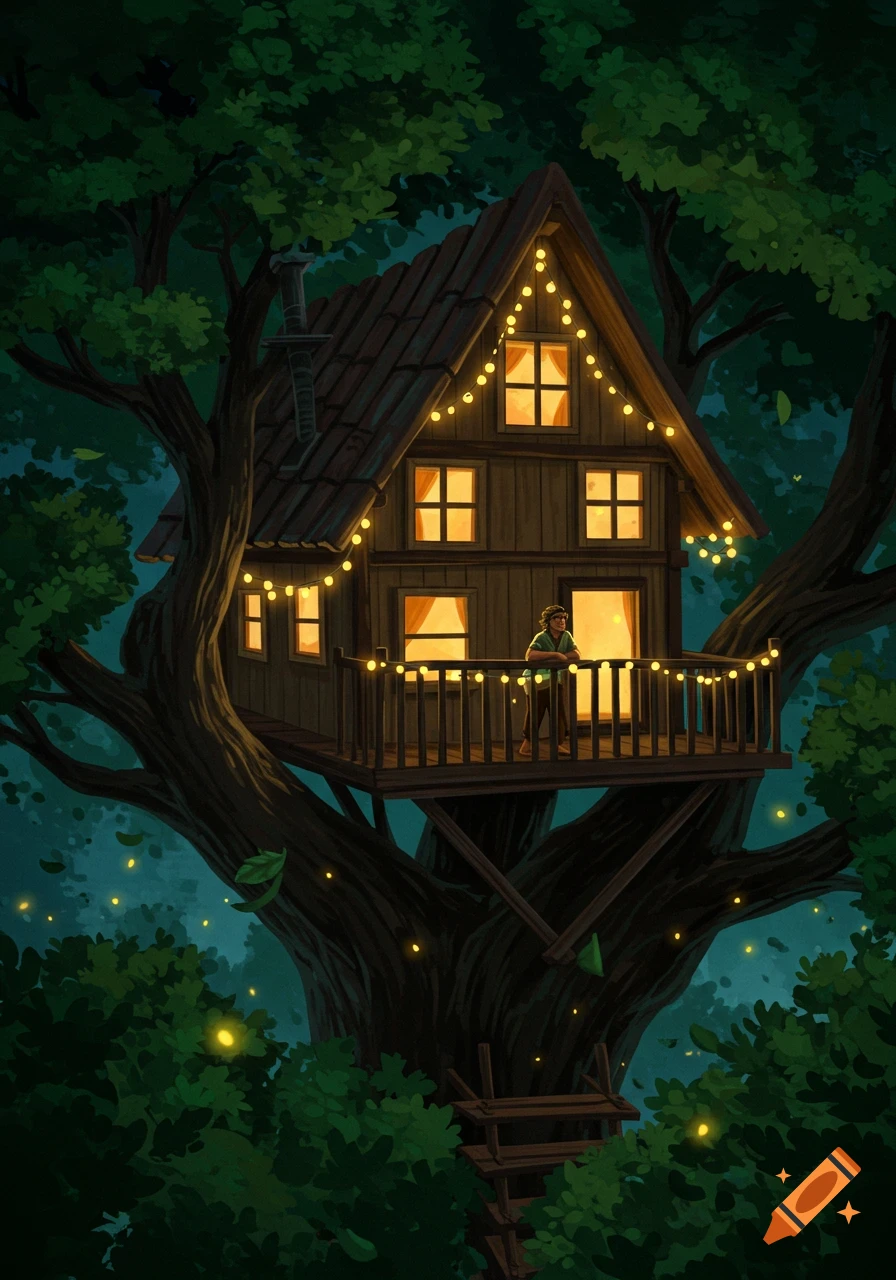 An illustrated treehouse with glowing string lights, nestled in dark trees. A person stands on the balcony overlooking fireflies.