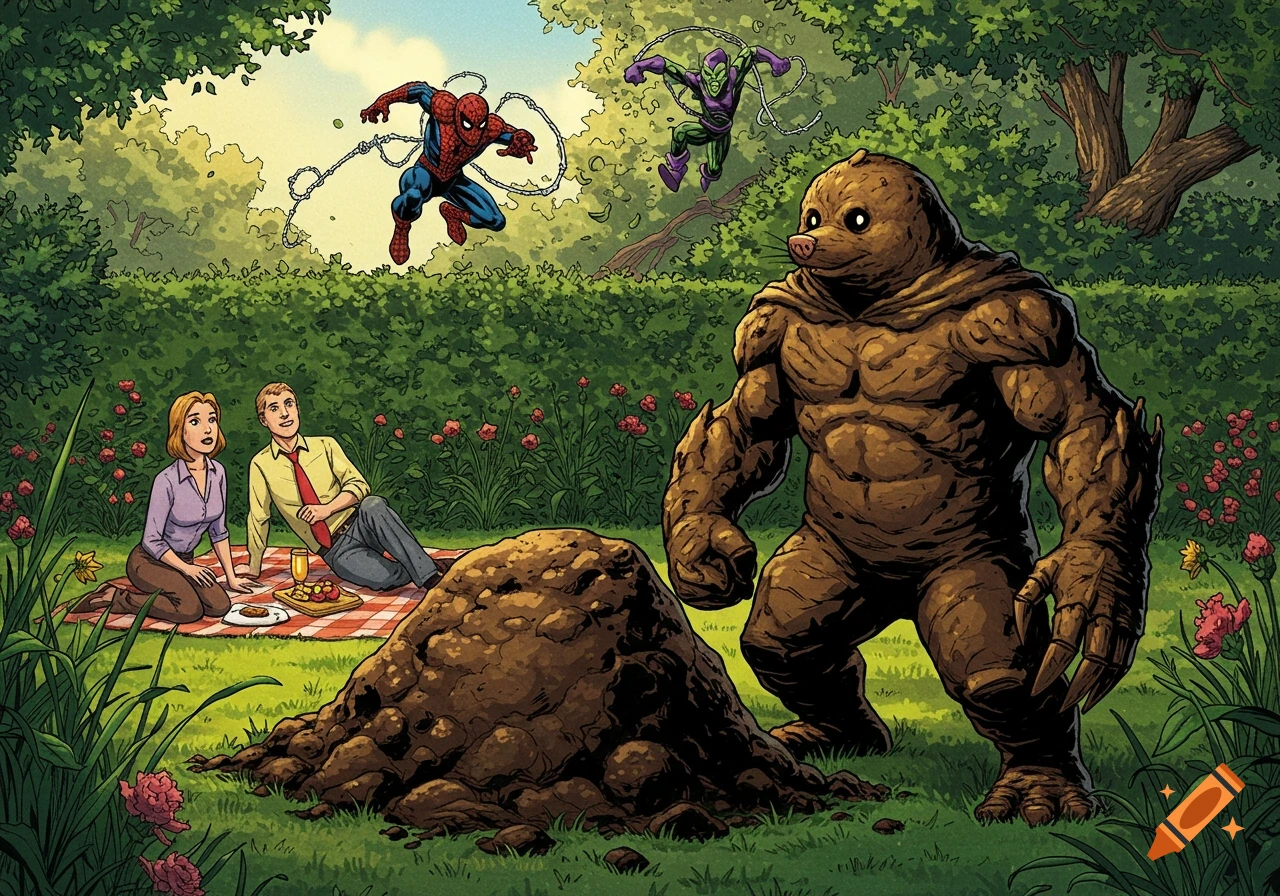 Spider-Man fights Green Goblin above a couple picnicking in a sunny garden, observed by the monstrous Mole Man and his molehill. Comic art style.