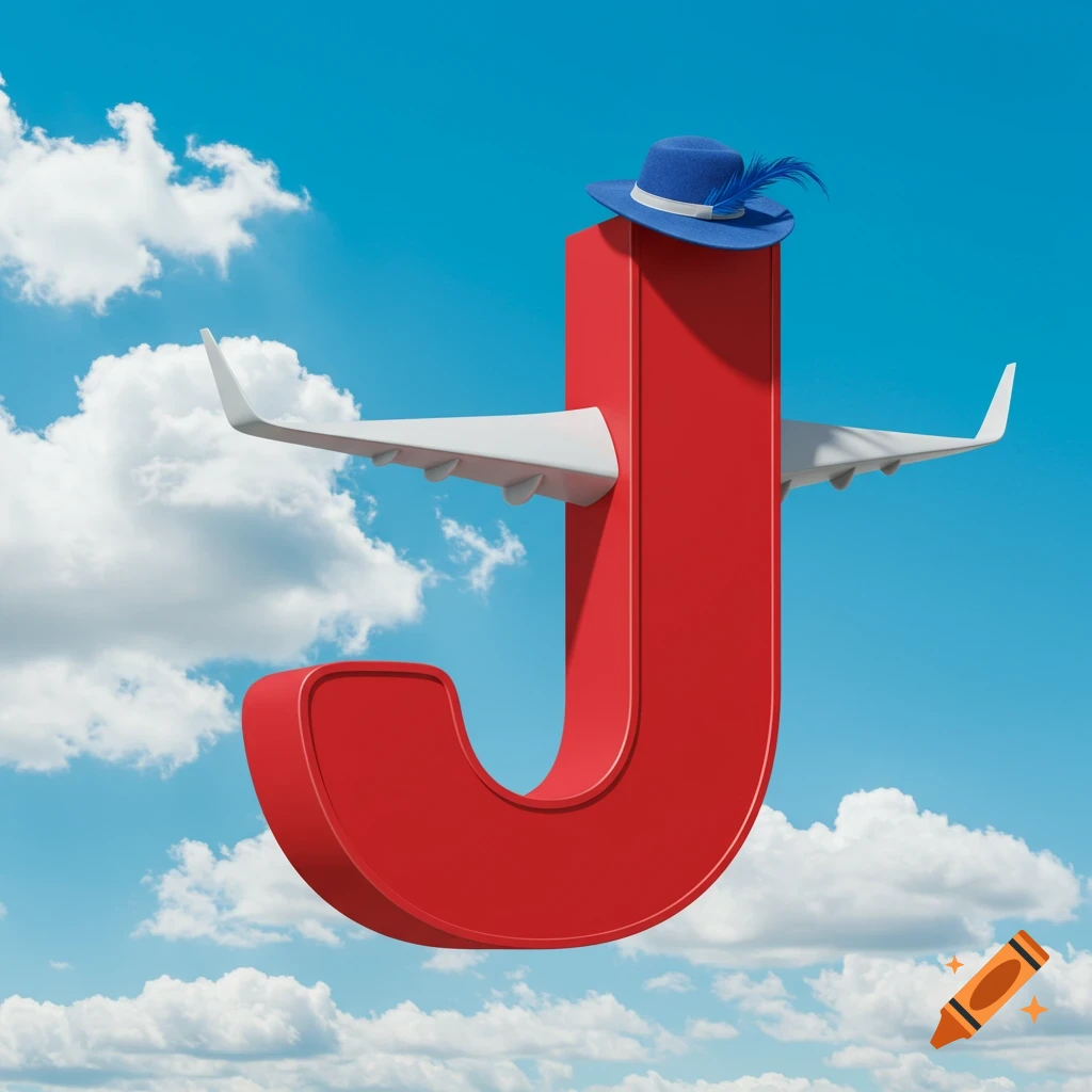 A red letter J with white airplane wings and a blue fedora hat, flying in a bright blue sky with white clouds.