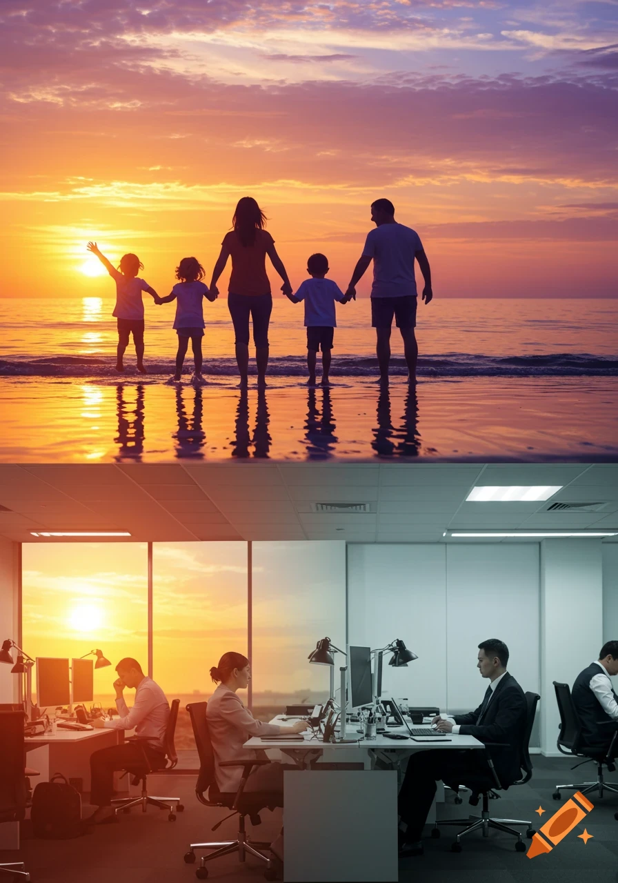 Photorealistic split image showing a family on a beach at sunset contrasted with people working in a dull office.