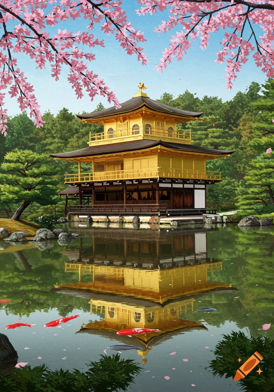 Golden Japanese temple reflected in a pond with cherry blossoms overhead and koi fish, surrounded by green trees.