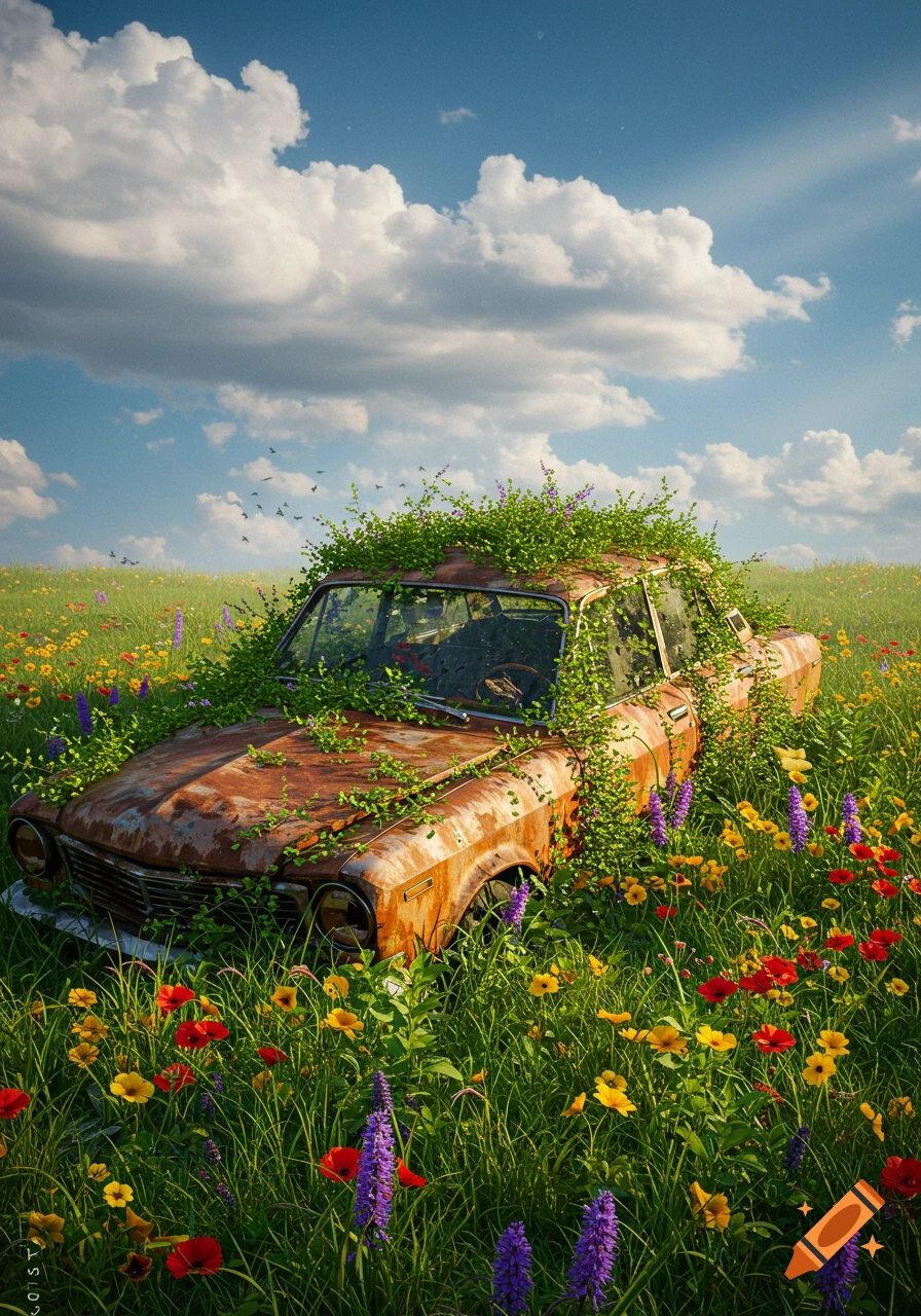 A rusty, vine-covered car is abandoned in a vibrant field of colorful wildflowers under a bright blue sky with white clouds.