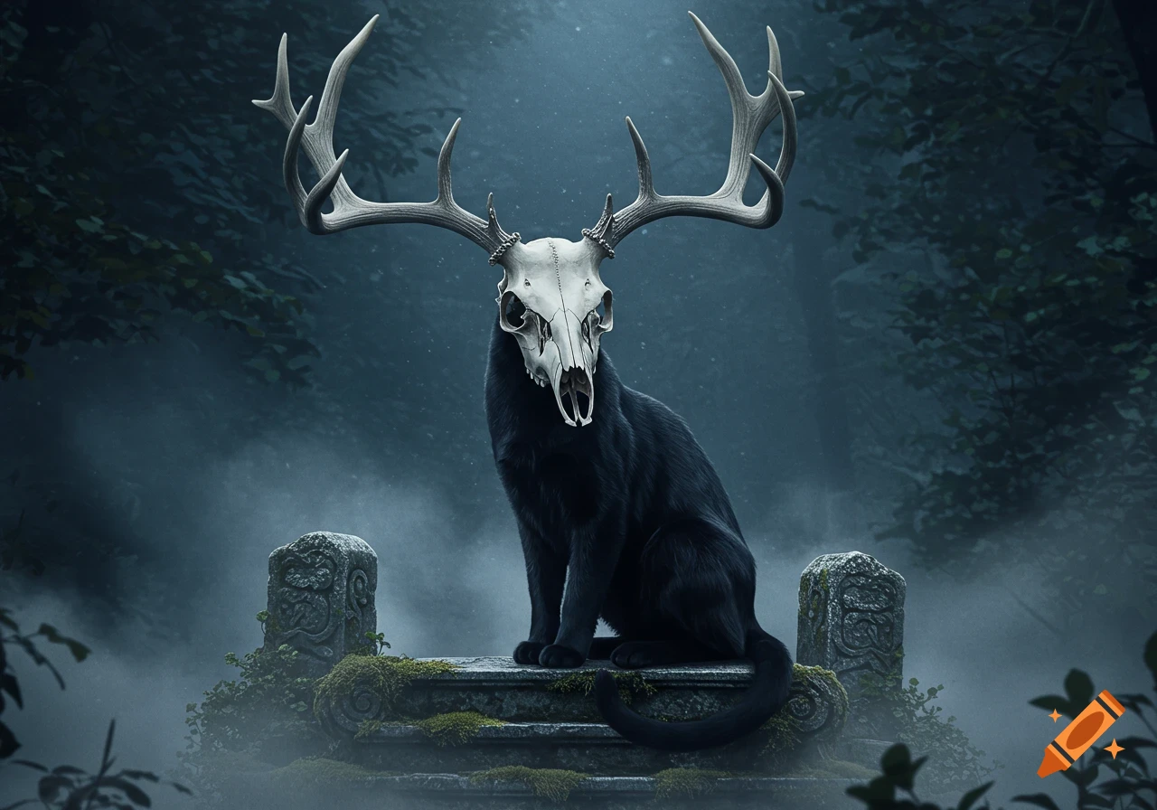 A black cat wearing a large elk skull with antlers as a mask sits on a mossy stone in a foggy, dark forest.