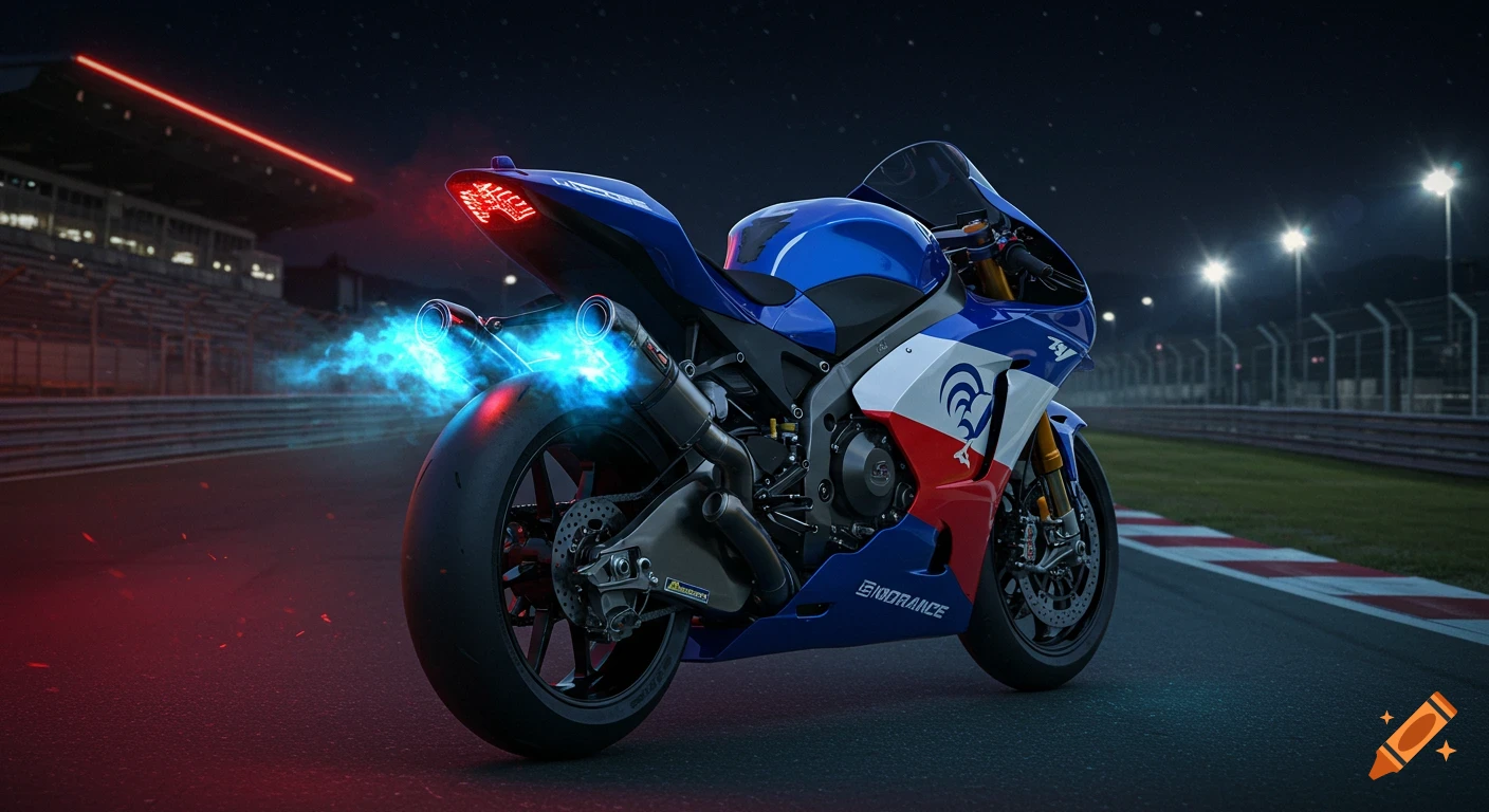 Futuristic blue, white, and red MotoGP bike with blue exhaust flames on a dark racetrack with stands and lights.