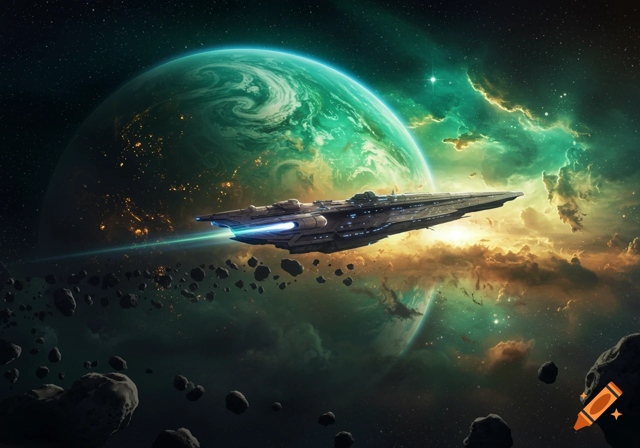 A futuristic spaceship flies past a vibrant green alien planet with city lights, surrounded by a glowing nebula and asteroids in deep space.