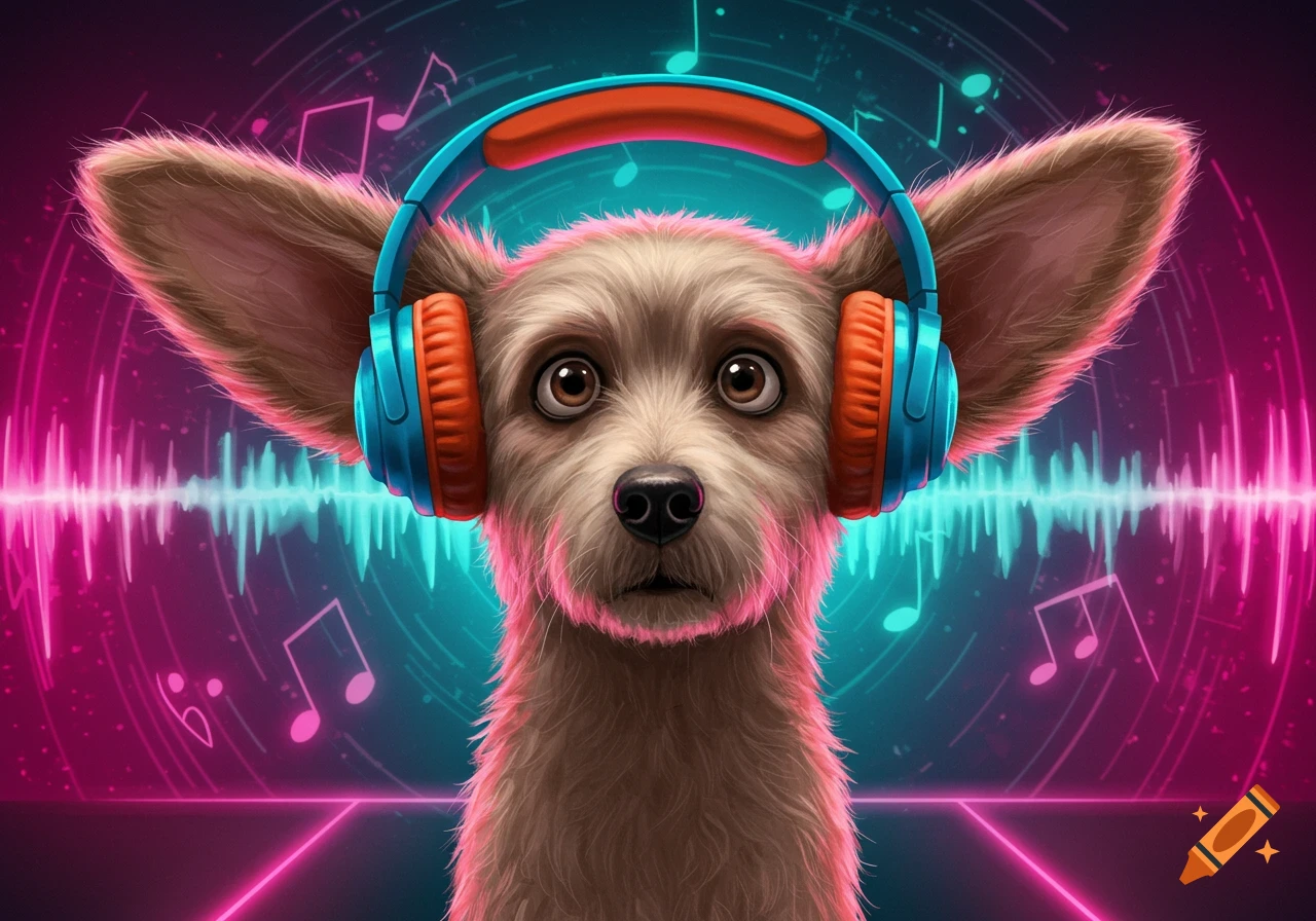 A digital art portrait of a confused dog wearing blue and orange headphones, set against a neon background with sound waves and musical notes.