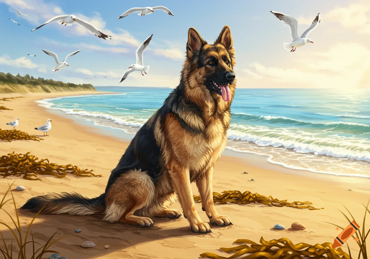 Illustrative painting of a German shepherd dog sitting on a sunny beach with seagulls flying overhead.