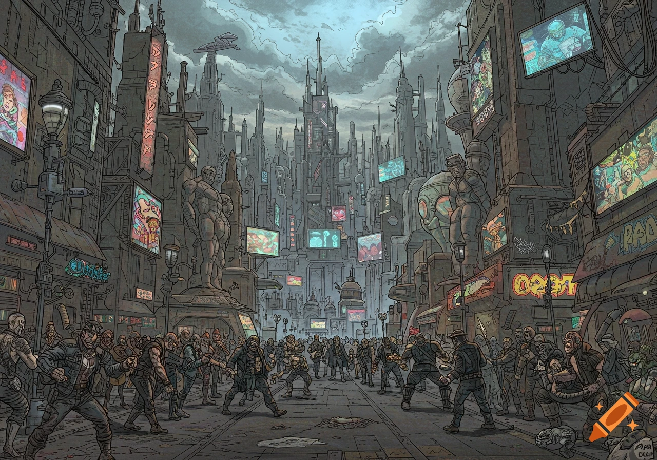 A crowded, dystopian cyberpunk city street with towering buildings, neon signs, and large statues. A stylized brawl unfolds in the foreground.