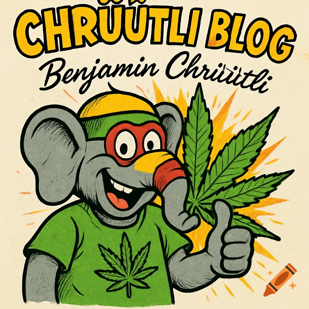 Comic style cartoon elephant with Rasta mask and cannabis leaf shirt, giving a thumbs up. Text: CHRÜÜTLI BLOG Benjamin Chrüüütli.