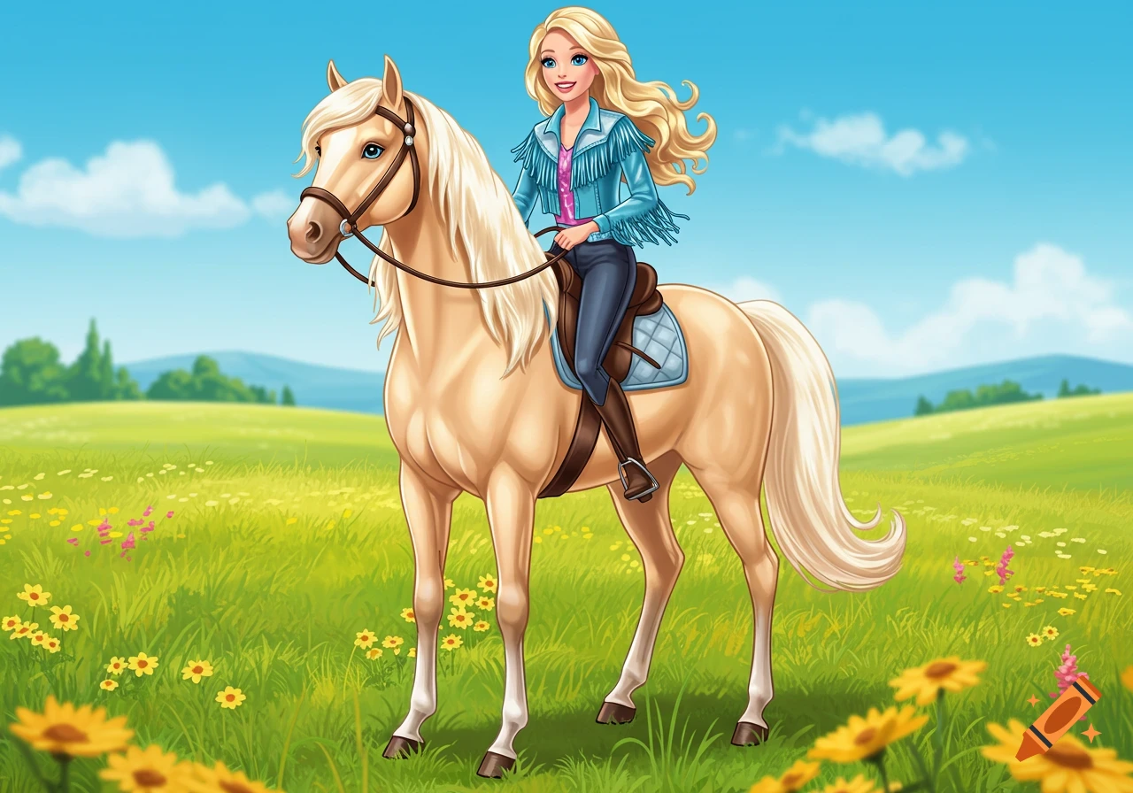 Cartoon illustration of Barbie in a blue fringe jacket riding a palomino horse in a sunny grassy field.