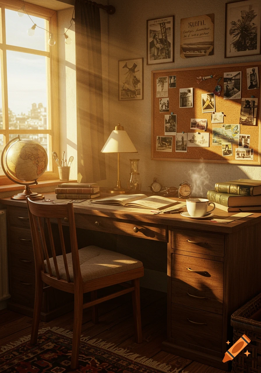 A sunlit study room with a wooden desk, globe, open book, and coffee, radiating a cozy ambiance.