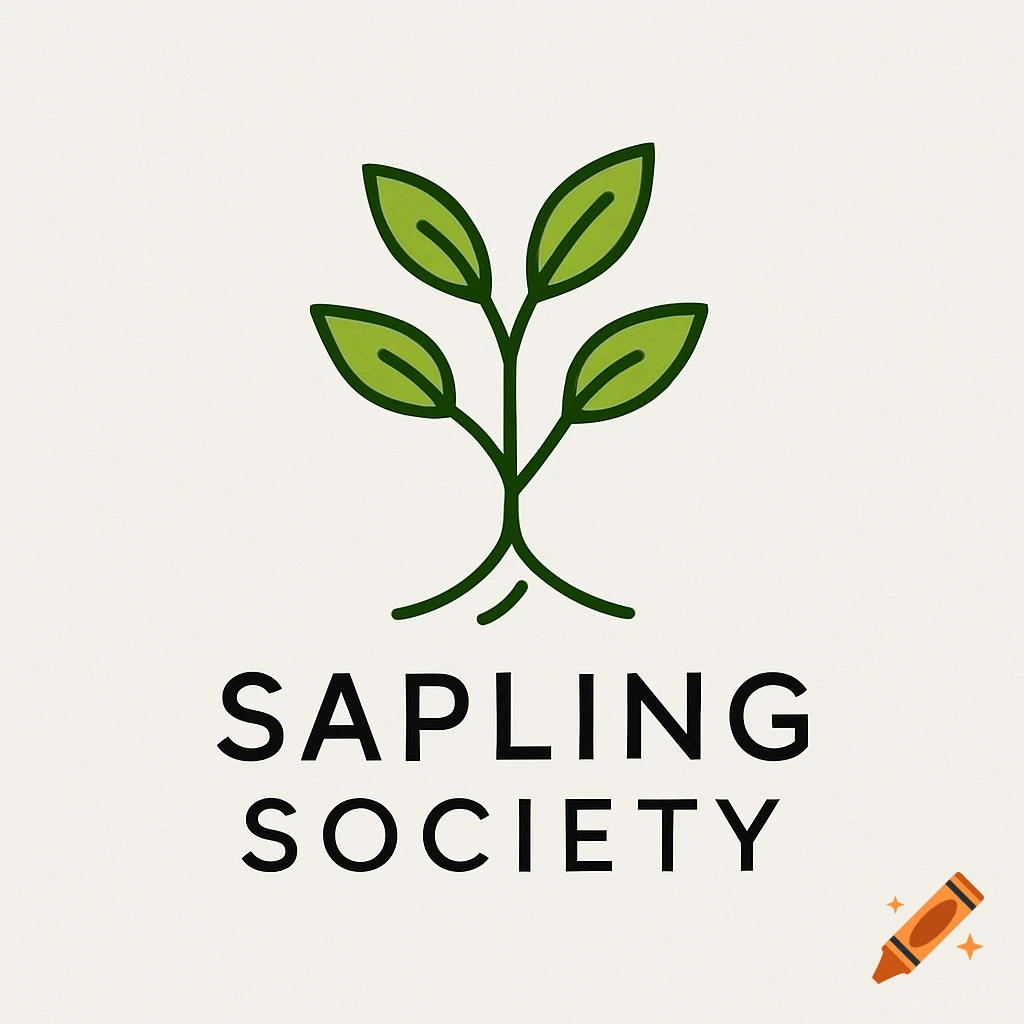 A minimalist logo featuring a stylized green sapling above the text "SAPLING SOCIETY" on a light background.