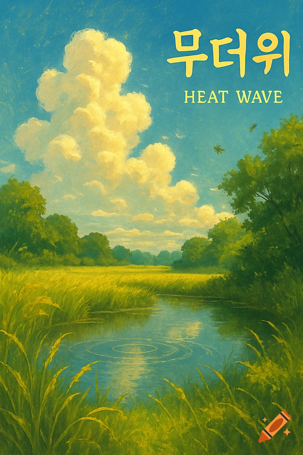 A vibrant painting of a summer landscape with a river, tall grass, lush trees, and large fluffy clouds under a blue sky. Text reads "무더위 HEAT WAVE".