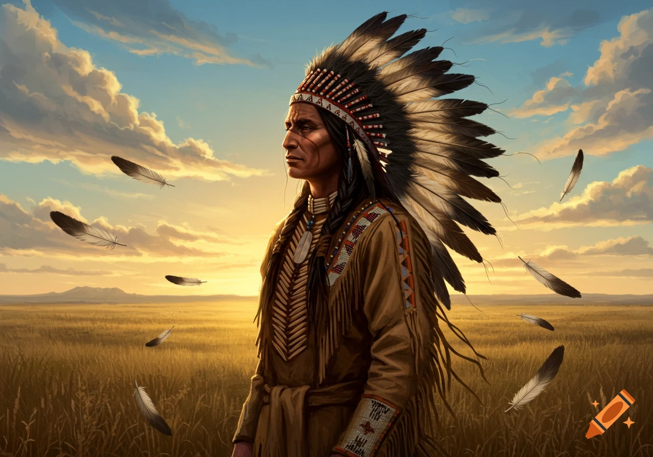A detailed illustration of a Native American man wearing a feathered headdress, looking towards the horizon in a grassy field at sunset, with feathers floating around him.