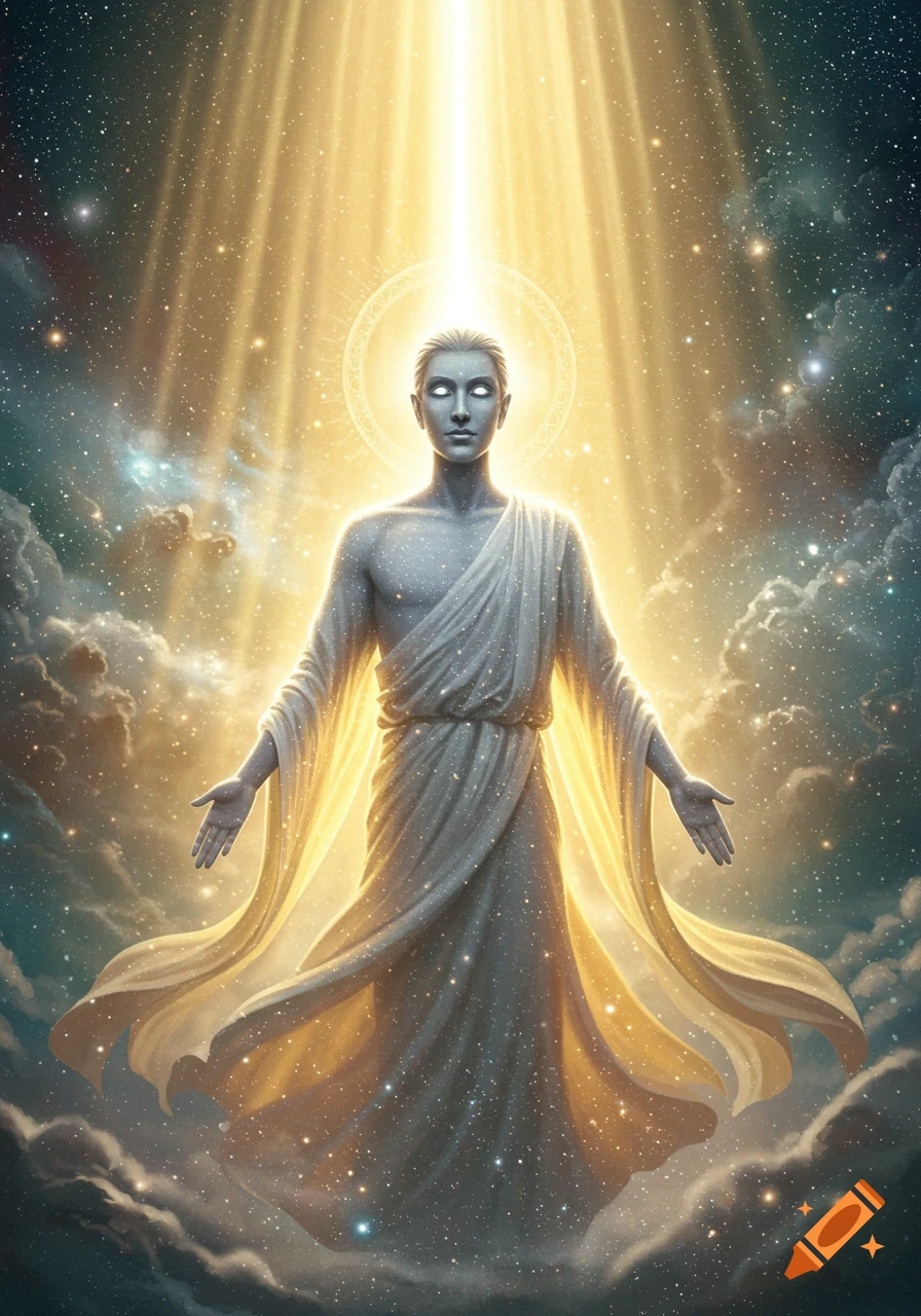 A glowing, serene god-like figure in white robes floats in a cosmic starry sky, bathed in golden light from above.