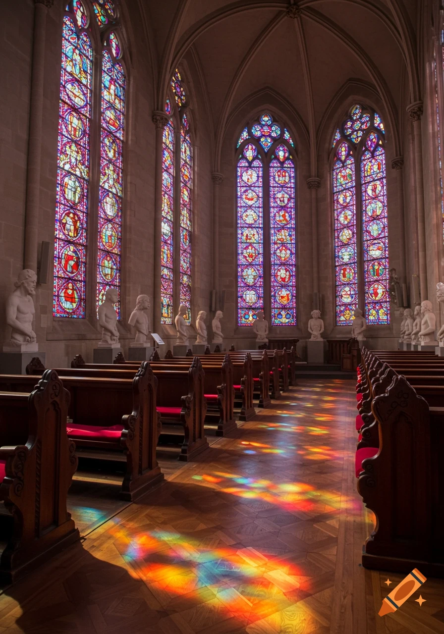 Photorealistic chapel interior. Vibrant stained glass windows, wooden pews, marble busts. Rainbow light on parquet floor.