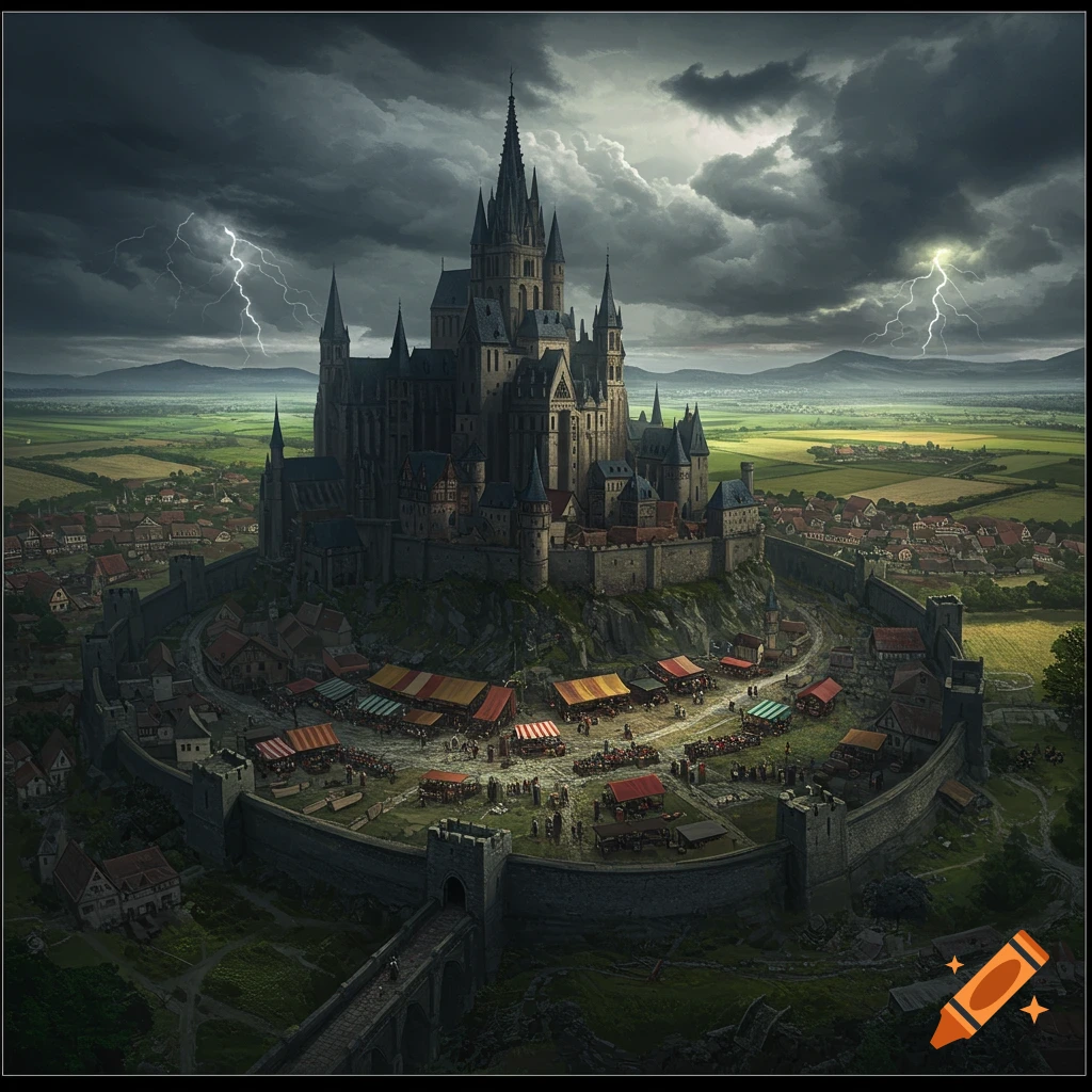 A dramatic, detailed view of a large gothic castle and walled city surrounded by farmlands under a stormy, lightning-filled sky.
