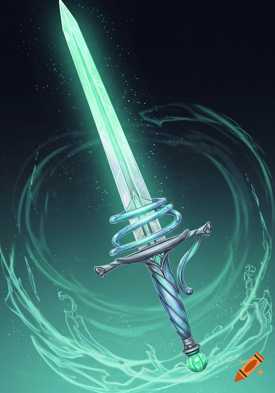 A glowing mint green enchanted sword with a blue and mint green jade hilt and a grayish-blue handle, surrounded by ethereal energy.