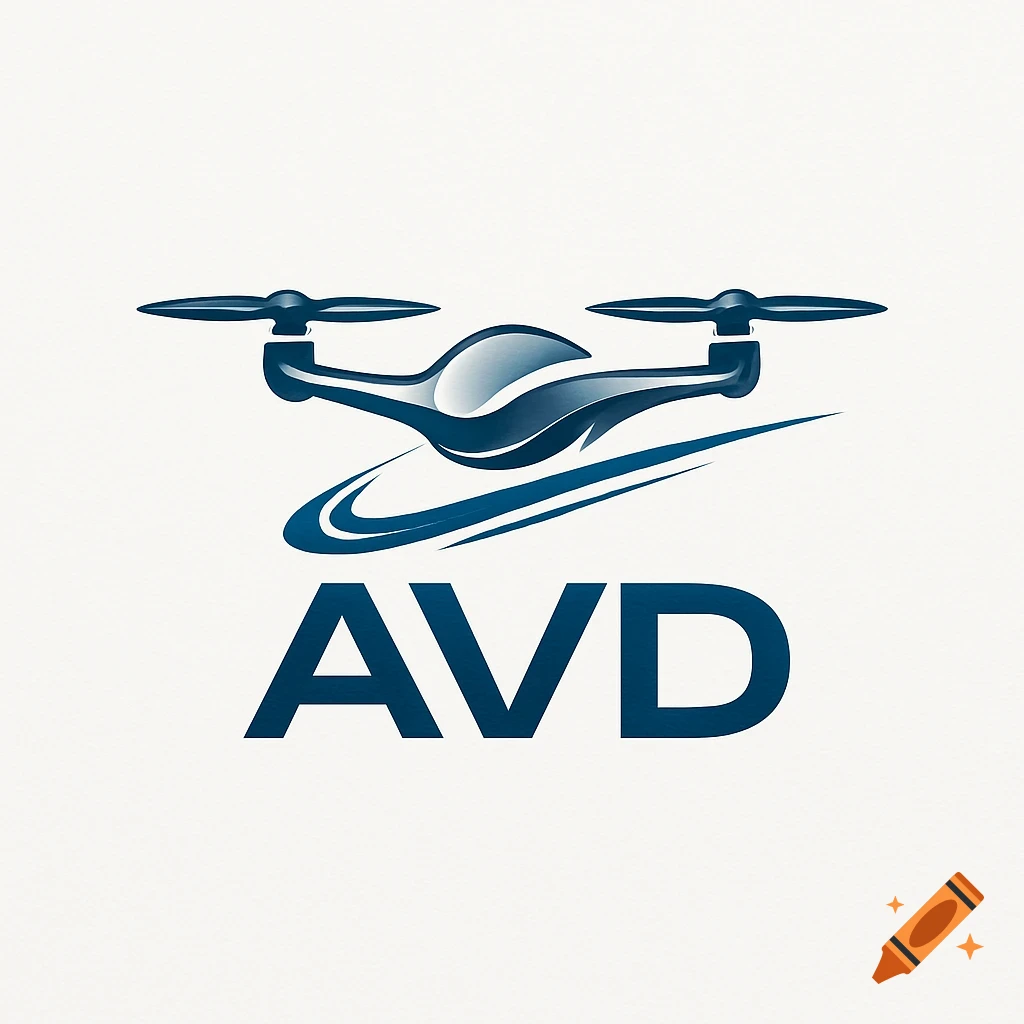 Blue and silver drone company logo with stylized drone over a curved line and 'AVD' text below on a white background.
