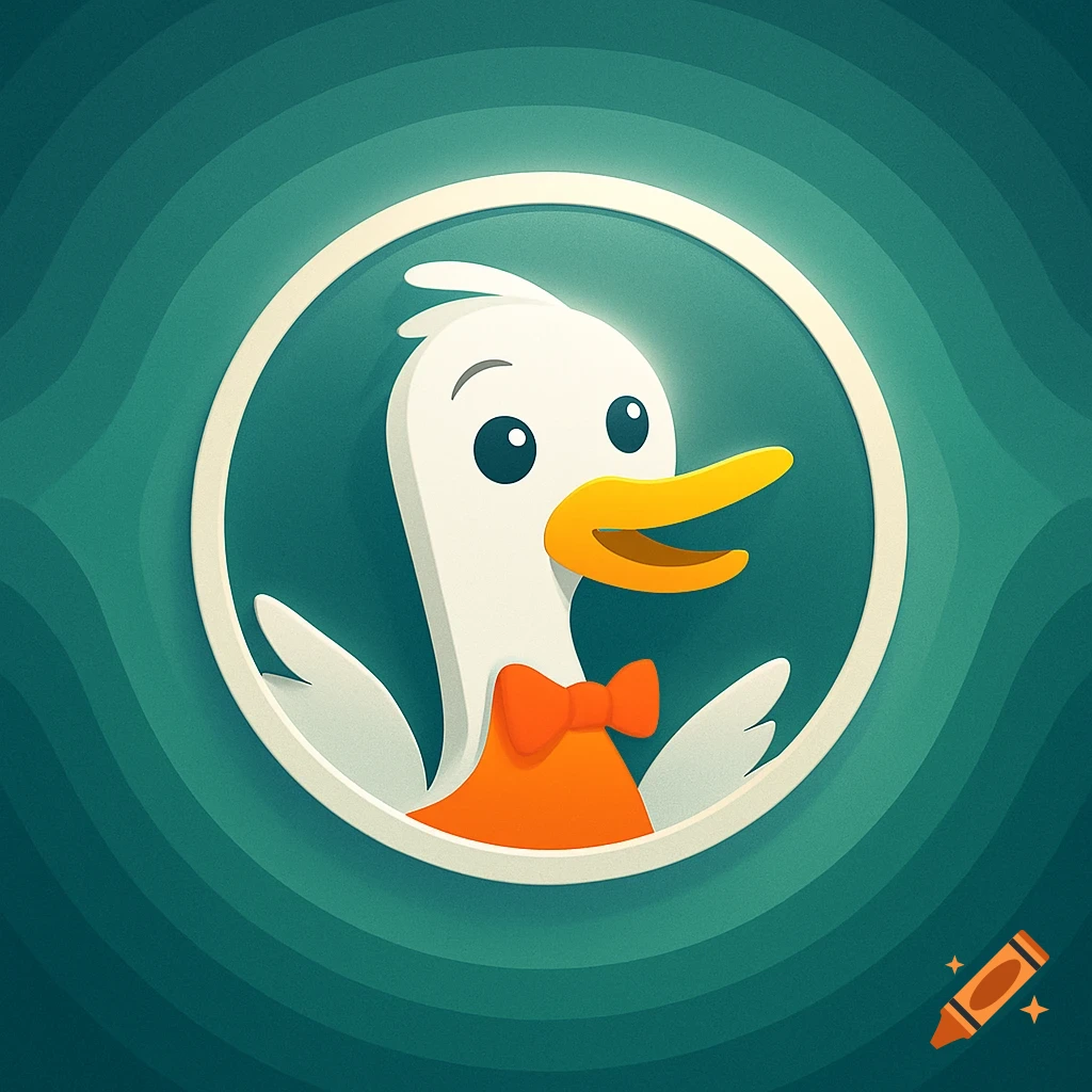 A friendly cartoon duck with a yellow beak and an orange bow tie, presented in a circular icon against a teal background.