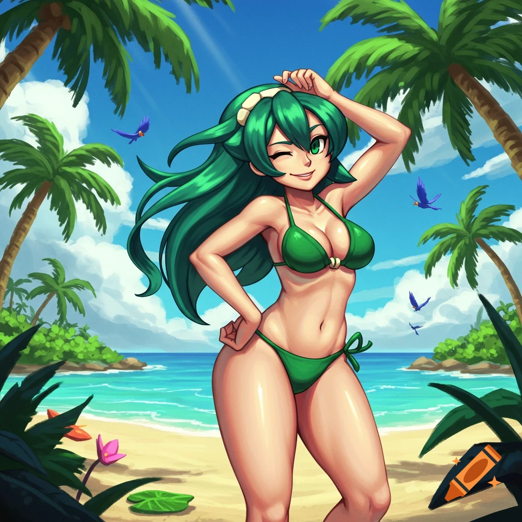 An anime girl with long green hair and green eyes, wearing a green bikini, winks and poses on a sunny tropical beach.