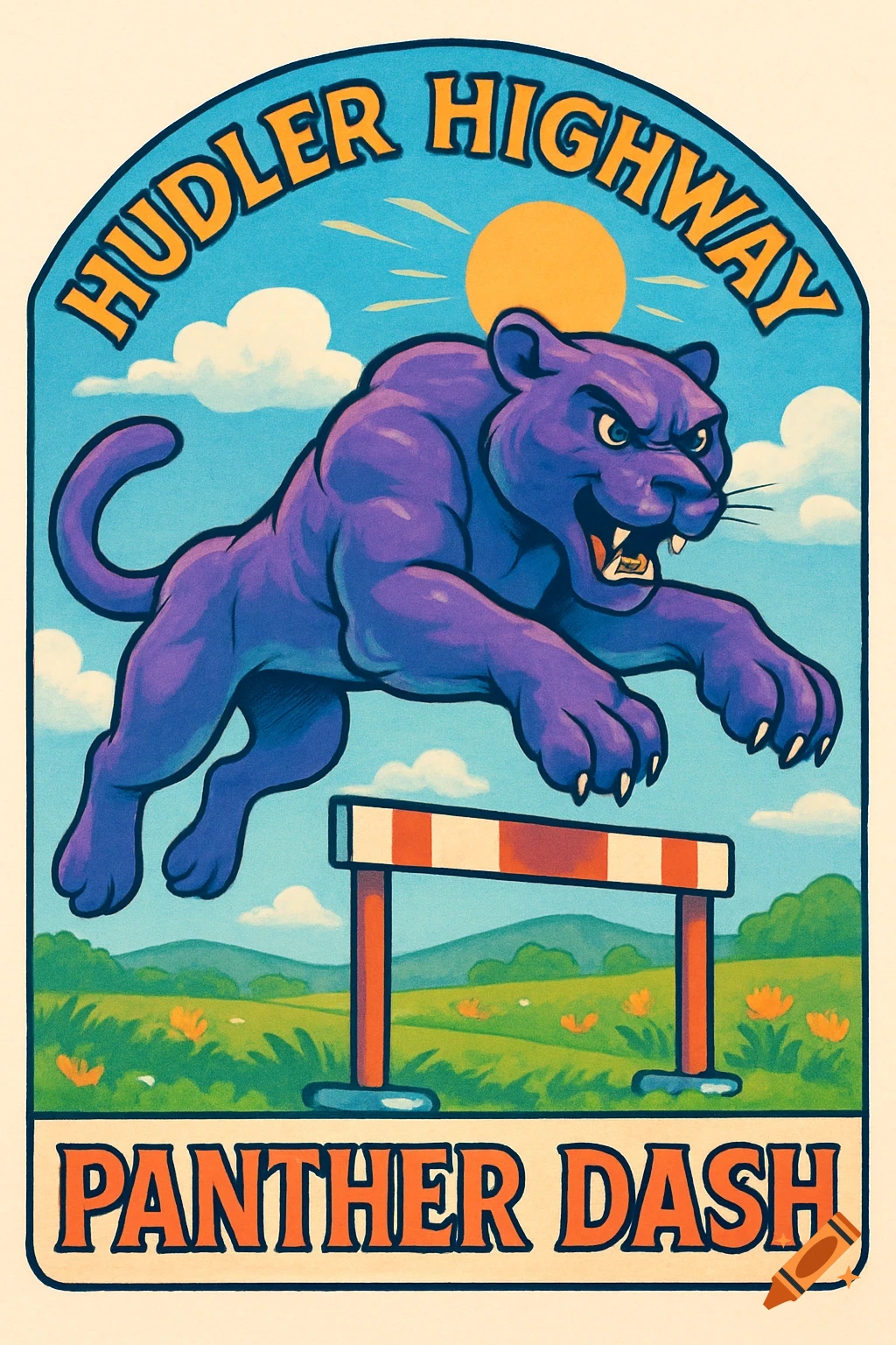 A cartoon purple panther jumps over a red and white hurdle in a grassy field under a blue sky with a sun and clouds. Text reads 'Hudler Highway' at the top and 'Panther Dash' at the bottom.