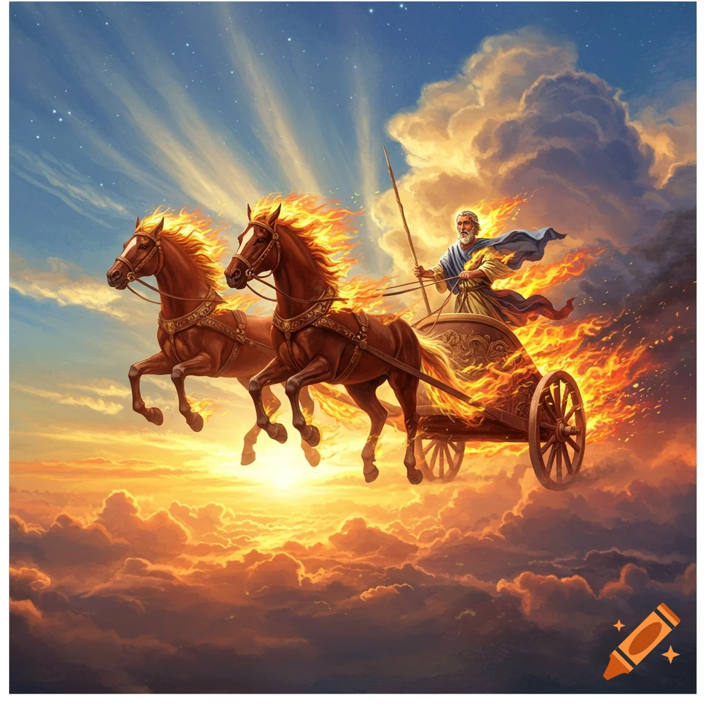 Illustrative depiction of Prophet Elijah in a flaming chariot pulled by two fiery horses, soaring through a sunlit, cloudy sky.